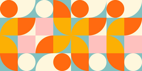 Retro geometric aesthetics. Bauhaus and avant-garde inspired vector background with abstract simple shapes like circle, square, semi circle. Colorful pattern in nostalgic pastel colors.