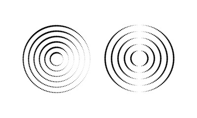 Circular ripple icons. Concentric circles with polka dot broken lines. Vortex, sonar wave, sound wave, sunburst, radio signal signs isolated on white background