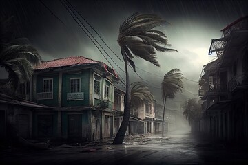 tropical cyclone, with its powerful winds and heavy rains, bringing destruction to coastal town, created with generative ai - obrazy, fototapety, plakaty