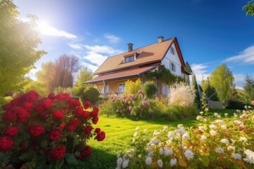 house, surrounded by blooming garden and sunshine, with clear blue sky in the background, created with generative ai
