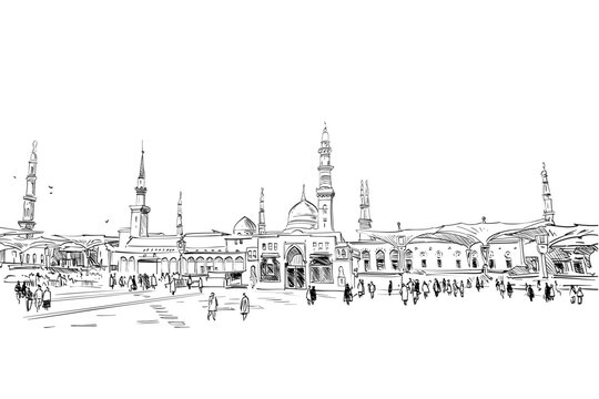 Al-Masjid an-Nabawi. Medina Saudi Arabia. Hand drawn sketch. Vector illustration.