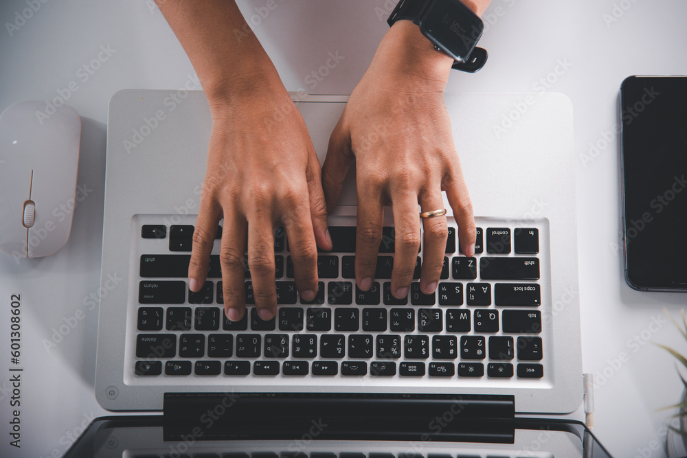 Poster typing keyboard. female person text message for new project she remote work on computer, closeup han