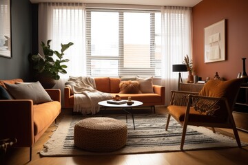 warm and cozy living room, decorated with modern furniture and accessories, created with generative ai