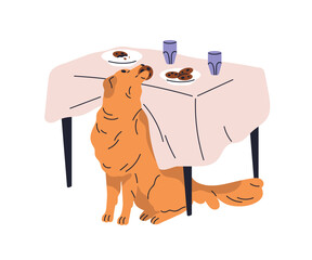 Naughty hungry dog stealing food from table. Mischievous doggy taking, eating, biting cookies. Bad unwanted canine animal behavior at kitchen. Flat vector illustration isolated on white background