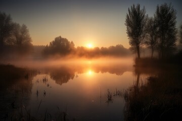 misty sunrise, casting warm glow over tranquil lake, created with generative ai