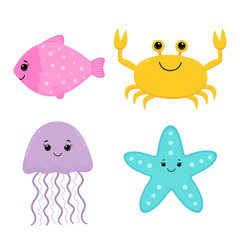 Set of cute cartoon sea animals: crab, starfish, fish, jellyfish. Bright inhabitants of the underwater world isolated on a white background. Vector.