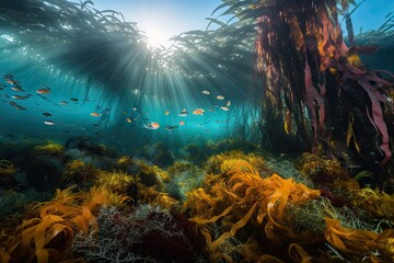 Fototapeta na wymiar kelp forest with schools of brightly colored fish swimming among the fronds, created with generative ai