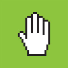 Vector pixel cursor hand icon in gesture, open hand. Green background