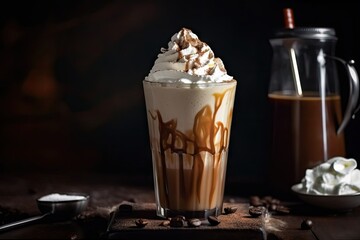iced coffee latte with foamed milk, drizzle of chocolate syrup, and sprinkling of cinnamon, created with generative ai