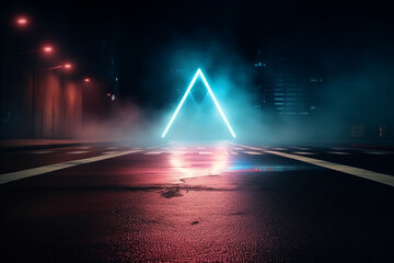 Background of empty street at night neon light asphalt concrete smoke smog, Abstract light element in the center light triangle,
