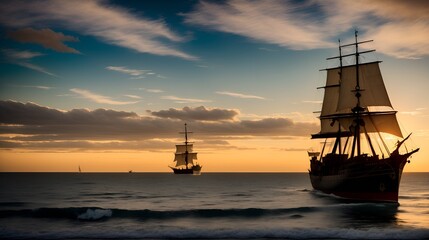 a pirate ship sails across the vast expanse of the sea