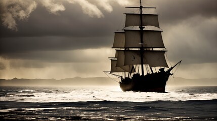 Naklejka na ściany i meble a pirate ship sails across the vast expanse of the sea