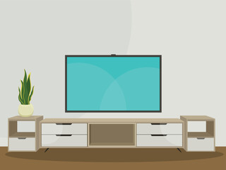 Vector illustration of modern interior tv cabinet design. Minimalist. Shelf tv in modern empty room, minimal design.