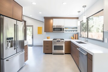 mid-century modern kitchen, with sleek and minimalist design elements, including stainless steel appliances and glass countertops, created with generative ai