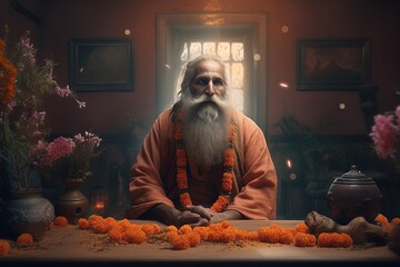 Happy guru purnima. The day on which the first guru was born. The feast day of the great sage Vyasa. Traditional Hindu celebration, dedicated to enlightened spiritual masters. Generative AI - obrazy, fototapety, plakaty