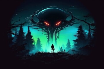 Oil painting syle alien in the night forest. Beautiful illustration picture. Generative AI
