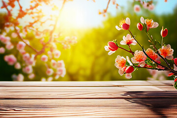 Naklejka na ściany i meble Spring background. Empty wooden table top with view of spring blossoming trees. Nature with bokeh background for product placement or montage with focus to the table top. Generative ai.