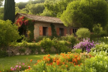 Obraz na płótnie Canvas mediterranean house, surrounded by lush greenery and blooming flowers, created with generative ai