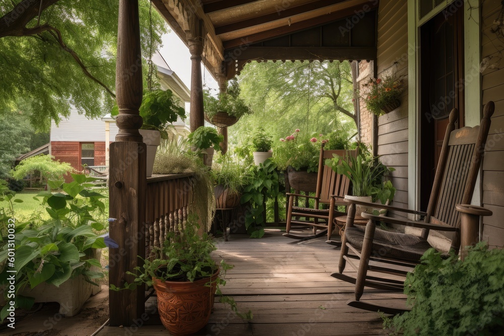 Canvas Prints porch with rocking chair and potted plants, surrounded by lush greenery, created with generative ai