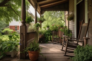 porch with rocking chair and potted plants, surrounded by lush greenery, created with generative ai