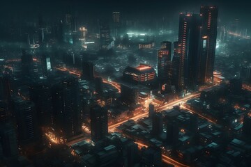 high-resolution image of a dark theme cyberpunk city from an aerial view.