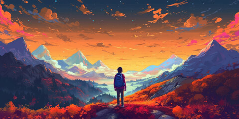 Fototapeta premium Evening time. Person with backpack standing on top of the mountain, anime style. Beautiful illustration picture. Generative AI