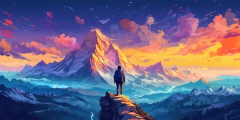 Evening time. Person with backpack standing on top of the mountain, anime style. Beautiful illustration picture. Generative AI