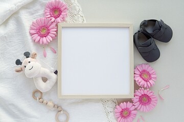 Square wooden frame mockup, baby accessories, pink gerbera flowers, waiting baby girl, pregnancy...
