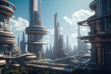 futuristic city, with towering skyscrapers and flying cars visible in the sky, created with generative ai