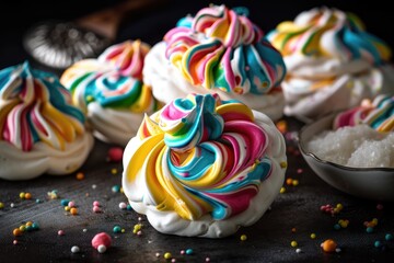 Fototapeta na wymiar meringue cookie, decorated with swirls of icing and sprinkles, created with generative ai