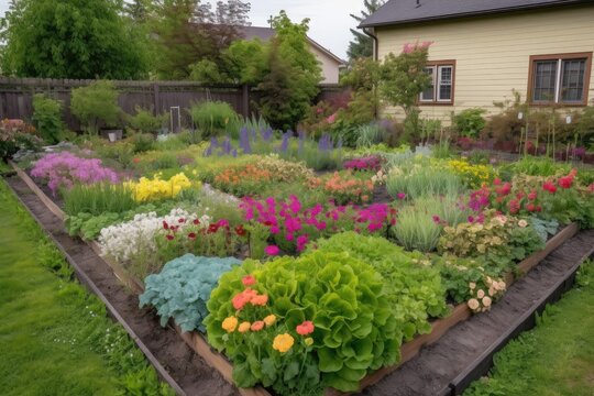 backyard with freshly planted garden in spring, including colorful annuals and perennials, created with generative ai