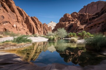 Fototapeta na wymiar oasis surrounded by towering red rock formations and clear blue sky, created with generative ai