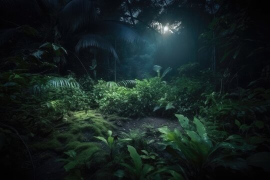 Mysterious and Enchanting Jungle at Night generative ai Illustration 