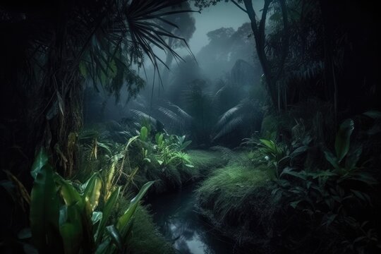 Mysterious and Enchanting Jungle at Night generative ai Illustration 