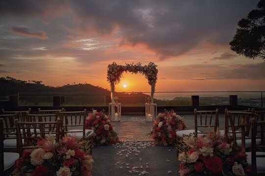 ceremony setup with view of the sunset, creating a romantic and memorable setting, created with generative ai