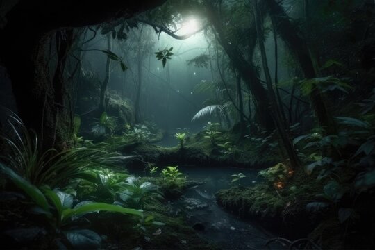 Mysterious and Enchanting Jungle at Night generative ai Illustration 