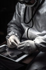 Fototapeta premium Doctor hands with tablet anatomy body part hologram, analysis, healthcare or future medical development, Medical industry concept ai generative.