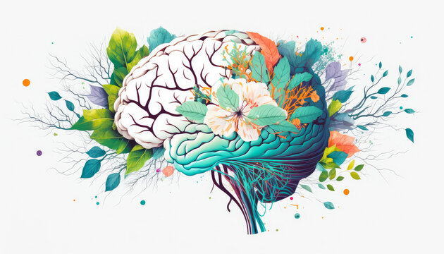 Human brain with spring colorful flowers. Concept of mental health, self care, happiness, harmony, positive thinking, creative mind. Generative ai.