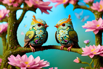 beautiful birds on a background of flowers