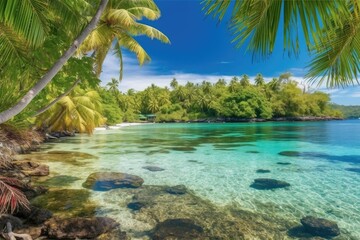 Fototapeta na wymiar tropical beach surrounded by palm trees and crystal clear water, created with generative ai