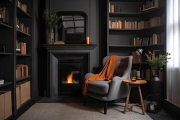 Fototapeta premium lofie interior with cozy armchair, fireplace and bookshelf, created with generative ai