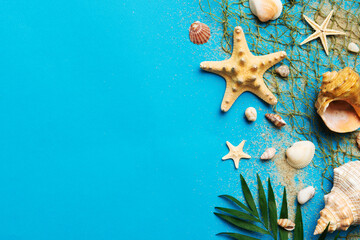 Summer time concept Flat lay composition with beautiful starfish and sea shells on colored table,...