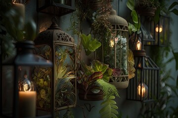 Fototapeta na wymiar vertical garden with hanging plants and lanterns, creating cozy atmosphere, created with generative ai