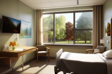 Fototapeta premium hospital room, with view of a park or garden, providing calming and peaceful setting for patients, created with generative ai