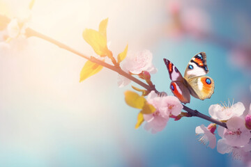 Beautiful blue yellow butterfly in flight and branch of flowering apricot tree in spring at Sunrise on light blue and violet background macro, Elegant artistic image nature, Banner format copy space