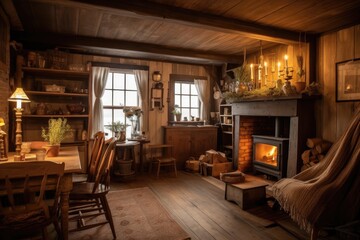 cozy cottage with warm fireplace and rustic decor, created with generative ai