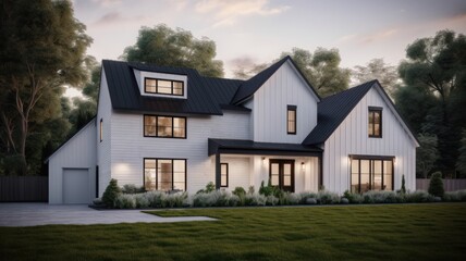 Modern large and spacious wooden house with white walls and black roof in Scandinavian style with a well-maintained yard surrounded by greenery and trees. Generative AI - obrazy, fototapety, plakaty