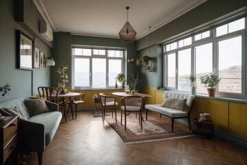 lofie apartment, with eclectic mix of vintage and contemporary decor, and a view of the city skyline, created with generative ai