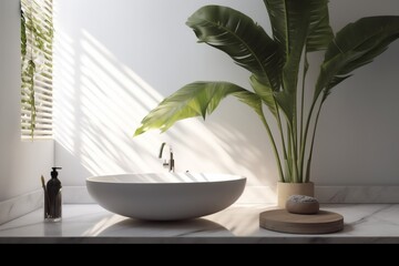 leaf interior clean white decoration green bathroom sink design home tropical. Generative AI.