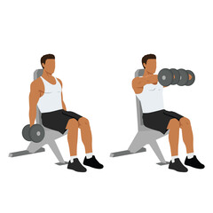 Fototapeta na wymiar Man doing Seated Dual front raises exercise. Flat vector illustration isolated on white background